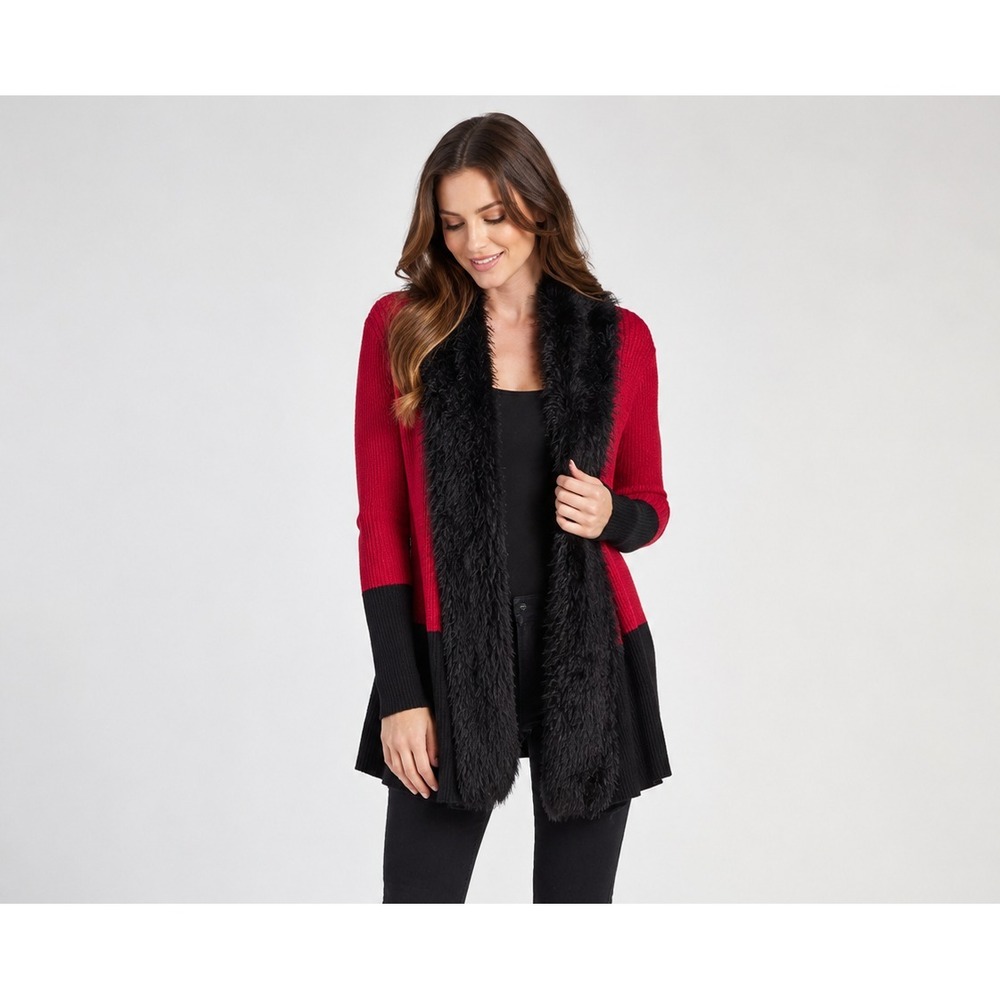 Vintage Y2K Lauren Michelle Cardigan Sweater Womens M Red Black Faux Fur Sparkle